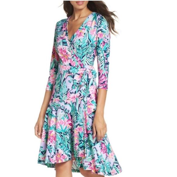Lilly Pulitzer M Rosaline Wrap‎ Dress Tropical Floral Aqua Purple Asymmetrical - Picture 6 of 10
